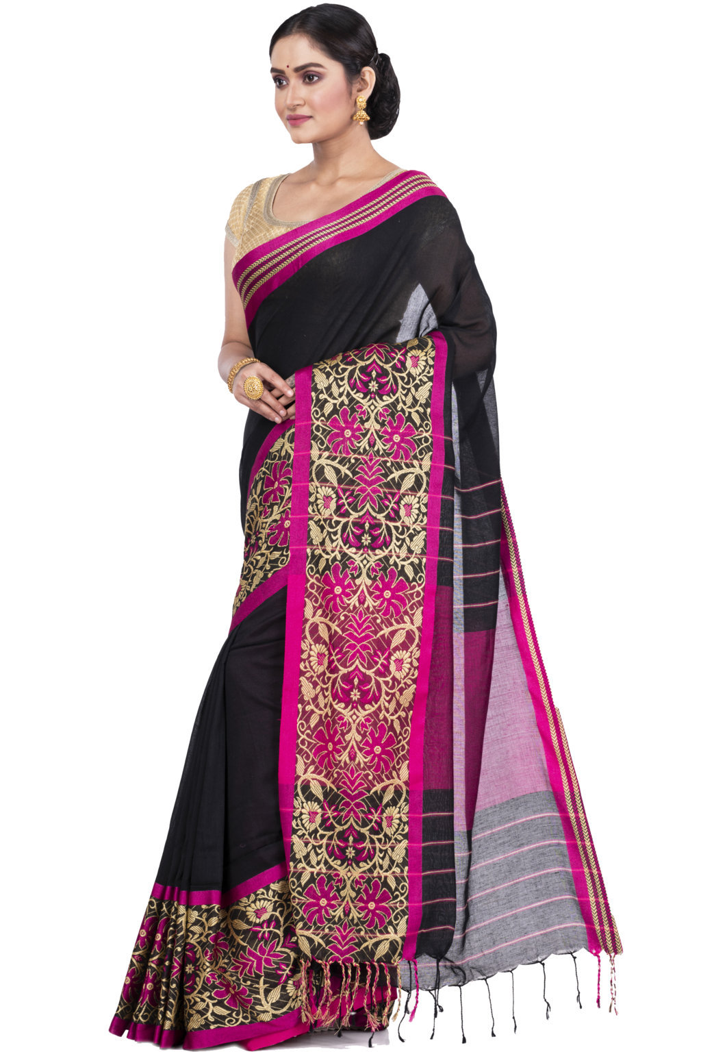 Black Pure Cotton Begompuri_Hand Hand Loom Saree (671)